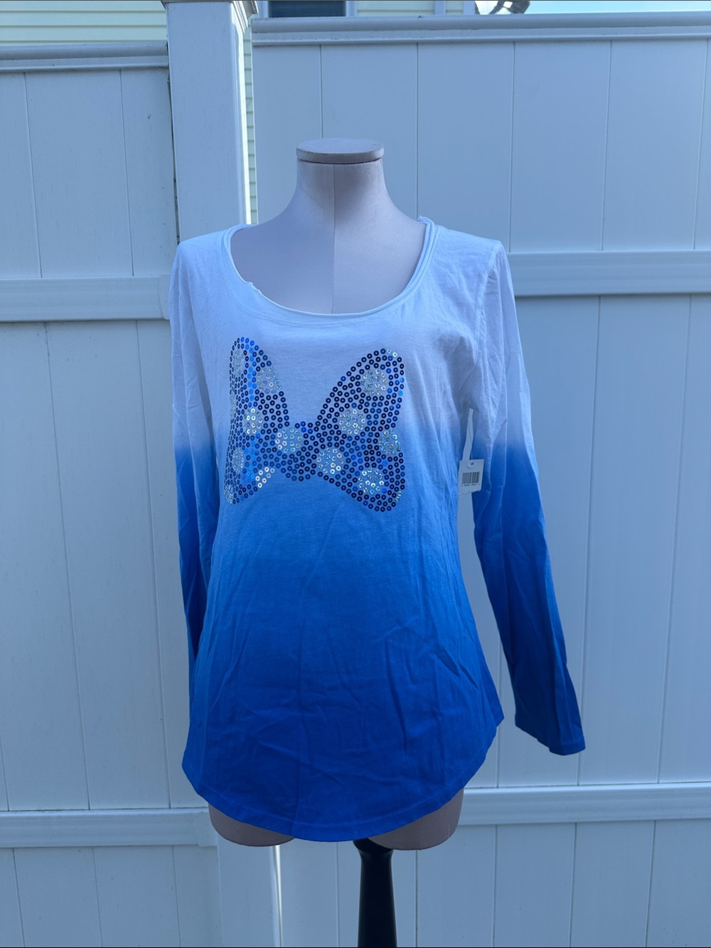 Disney Blue Ombre Sequin Bow Long Sleeve Tee size large new with tags